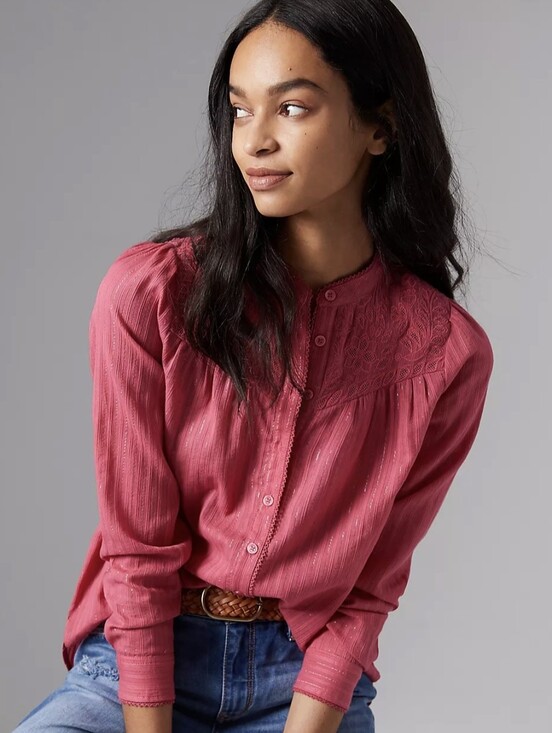 Pilcro Tops - Anthropologie Pilcro The Victoria Lace Button Down Blouse Pink Metallic Sz 14